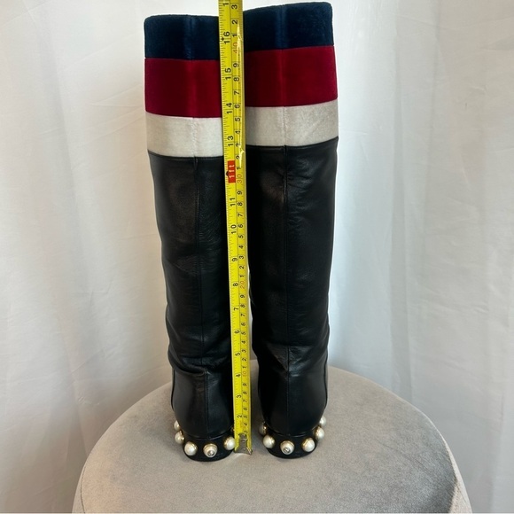 GUCCI ‘Jem’ black leather faux Pearl red blue white velvet stripe riding boot 39 - Picture 8 of 15